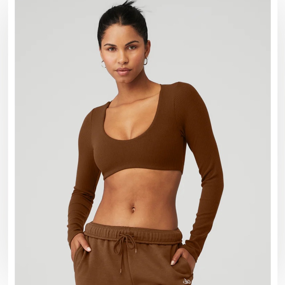 ALO Yoga Ribbed Long Sleeve Bra Top in Cinnamon Brown! Discontinued Color.